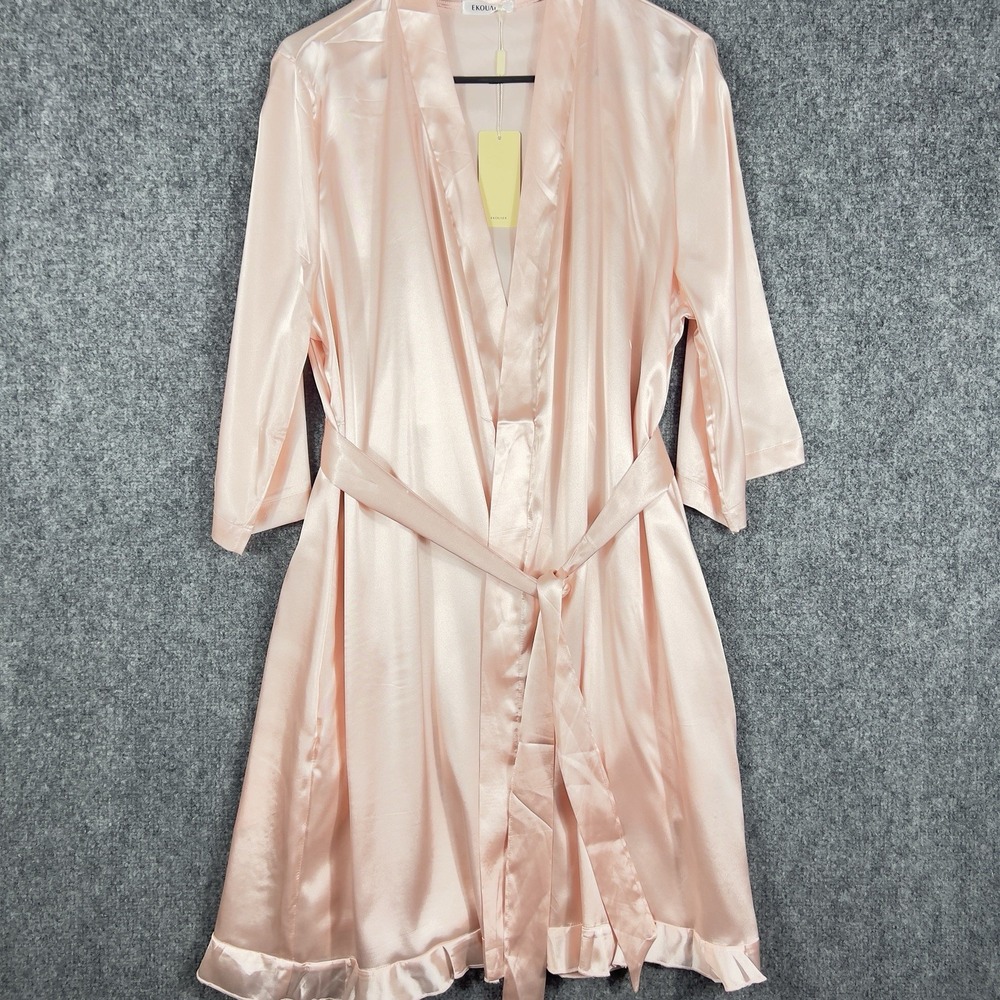 Ekouaer Womens Satin Robe Pink Kimono Sleepwear Loungewear NWT‎ Belted Plus